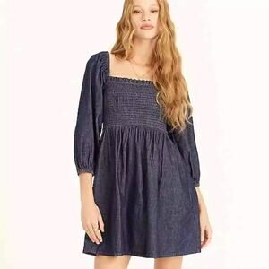 2/$30 J Crew Dress Womens 2XS Blue Smock Puff Sleeve Chambray‎ Square Neck BG118